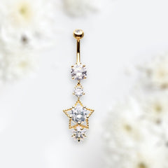14G Gold Star Cluster Clear Gems Belly Button Ring