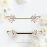 Pair of 14G Gold Guardian Angel Wings with Sparkling Stones Nipple Barbell. Nipple Rings. Nipple Jewelry