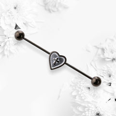 14G Black 38MM Length Heart Center with Cross Industrial Barbell. Industrial Piercing. Earrings. Body Jewelry. Ear Piercing. Body Piercing.