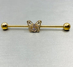 Butterfly with center CZ stone Industrial barbell