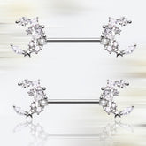 Pair of 14G Silver Dainty Sparkling Clear Gem Moon Nipple Barbell. Nipple Piercing.