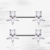 Pair of 14G Silver Dainty Leaf Clear Gem Nipple Barbell