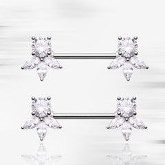 Pair of 14G Silver Dainty Leaf Clear Gem Nipple Barbell