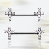 Pair of 14G Silver Sparkling Clear Gem Cross Nipple Barbell