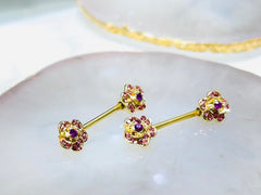 Pair of 14G Rose Ends with Pink Gems Nipple Barbells. Nipple Piercing. Nipple Jewelry