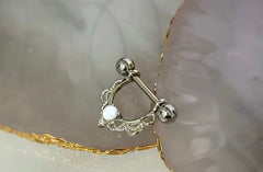 Pair of 14G Silver White Opal Center Filigree Dangling Nipple Barbell