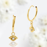14K Yellow Gold Dangling Evil Eye Hoop Clear Gem Hoop Earrings