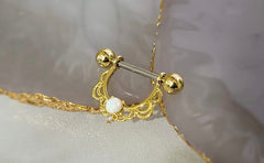 Pair of 14G Gold White Opal Center Filigree Dangling Nipple Barbell