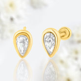 14K Yellow Gold Teardrop Clear Gem Center Screwback Earrings