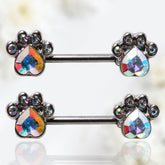 Pair of 14G Silver Sparkling Multicolor Stone Dog Paws Nipple Barbell
