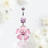 14G Silver Pink Gem Heart Petals Belly Button Ring
