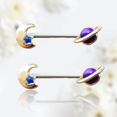 Pair of 14G Gold Purple Galaxy Nipple Barbell