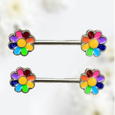 Pair of 14G Silver Rainbow Flower Ends Nipple Barbell