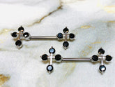 14G Black Sparkling Stones Cross Ends Nipple Barbells. Nipple Piercings. Nipple Rings. Nipple Jewelry