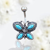 14G Silver Antique Butterfly Turquoise Belly Button Ring