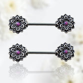 Pair of 14G Pink Opal Lotus Flower Ends Nipple Barbell
