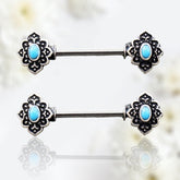 Pair of 14G Blue Gem Vintage Charm Ends Nipple Barbell