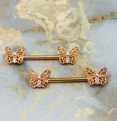 Pair of 14G Rose Gold Butterly Ends with Clear Sparkling Stones Nipple Barbell. Nipple Rings. Nipple Piercing. Nipple Jewelry. Body Jewelry.