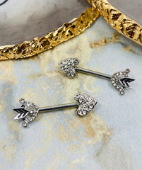 14G Silver Bow and Arrow Heart with Paved CZs Nipple Barbells. Nipple jewelry. Nipple Piercing.