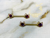 Pair of 14G Gold Kitty with Hot Pink Center Stone Nipple Barbells. Nipple Rings. Nipple Jewelry