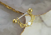 Pair of 14G Gold White Opal Center Filigree Dangling Nipple Barbell