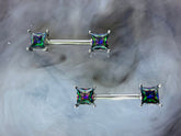 Pair of 14G Silver Sparkling Multicolor Square Stone Nipple Barbell. Nipple Jewelry. Nipple Piercing.