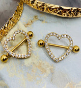 14G Golden Sparkling Heart with Paved Crystals Stones Nipple Barbells. Nipple Jewelry. Nipple Piercing.