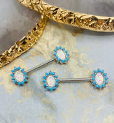 Pair of 14G Silver Elegant Opal with Turquoise Stone Nipple Barbells. Nipple Rings. Nipple Piercing. Nipple Jewelry