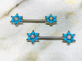 Pair of 14G Silver Turquoise Flower Sparkle Prong Setting Nipple Barbells. Nipple Rings. Nipple Jewelry. Nipple Piercings.