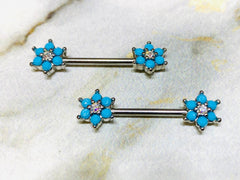 Pair of 14G Silver Turquoise Flower Sparkle Prong Setting Nipple Barbells. Nipple Rings. Nipple Jewelry. Nipple Piercings.