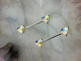 Pair of 14G Silver Sparkling Iridescent Double Heart Nipple Barbells. Nipple Piercing. Nipple Rings. Nipple Jewelry. Body Jewelry.