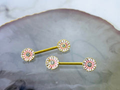 Pair of 14G Gold Pink Blush Flower Nipple Barbell. Nipple Rings. Nipple Piercing. Nipple Jewelry.