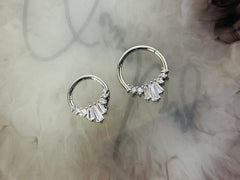 16G Silver Sparkling Round & Baguette Gems Hinged Septum Clicker Ring
