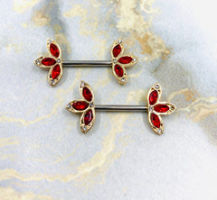 14G Clear Stone Gold Three Petals Flower Nipple Barbell. Nipple Piercings. Nipple Rings. Nipple Jewelry.