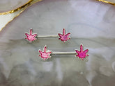 Pair of 14G Silver Pink Glitter Marijuana Leaf Nipple Barbell.