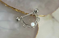 Pair of 14G Silver White Opal Center Filigree Dangling Nipple Barbell
