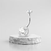 14K White Gold Gold Round Halo Clear Gems Belly Button Ring