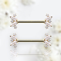 Pair of 14G Gold Sparkling Dainty Baguette Stone Nipple Barbell. Nipple Rings. Nipple Piercing
