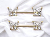Pair of 14G Gold Sparkle Clear Gems Butterfly Nipple Barbells
