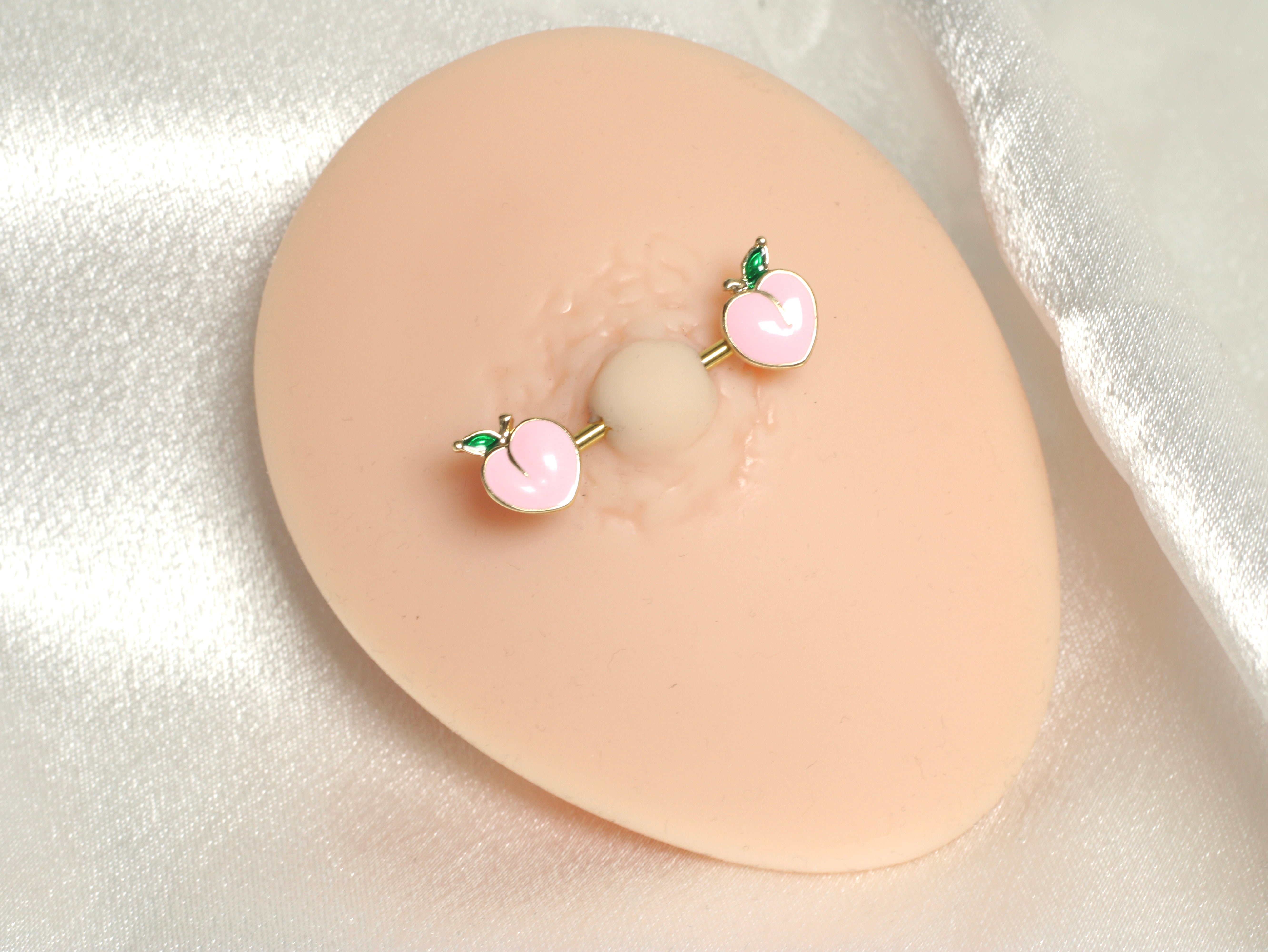 Pair of 14G Gold Pink Enamel Peach Ends Nipple Barbell
