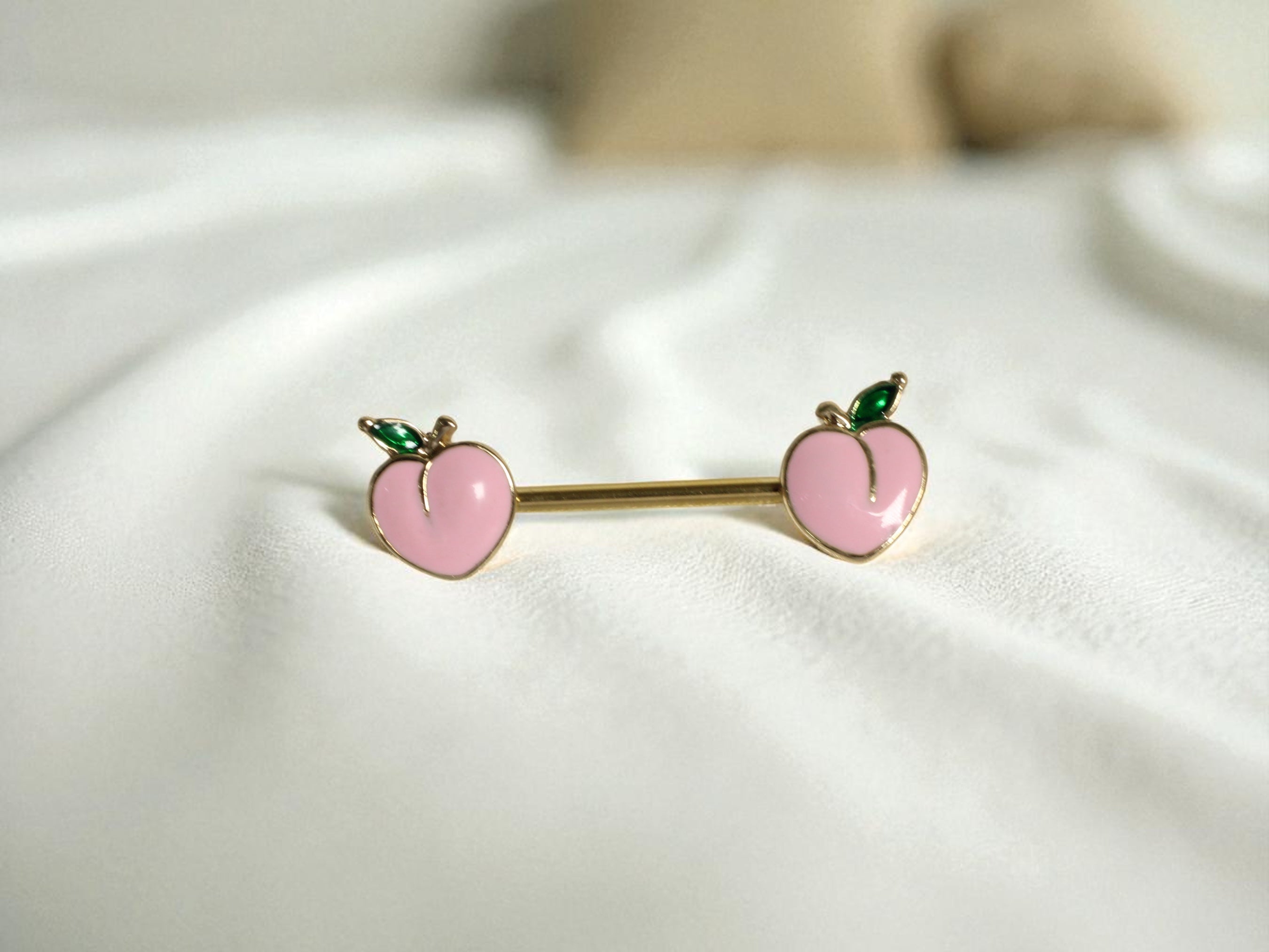 Pair of 14G Gold Pink Enamel Peach Ends Nipple Barbell