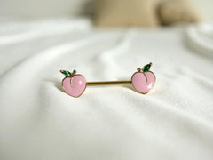 Pair of 14G Gold Pink Enamel Peach Ends Nipple Barbell