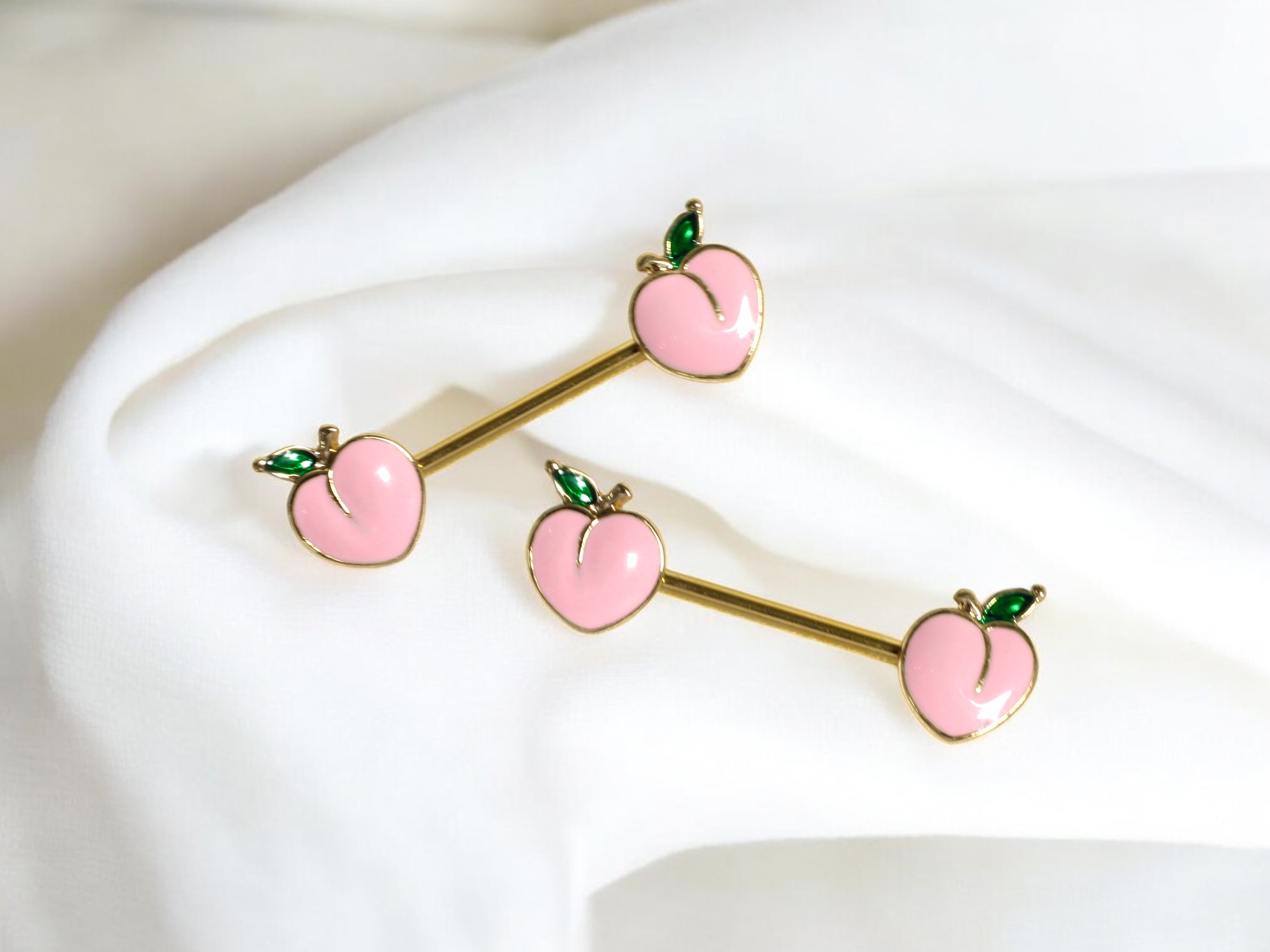Pair of 14G Gold Pink Enamel Peach Ends Nipple Barbell