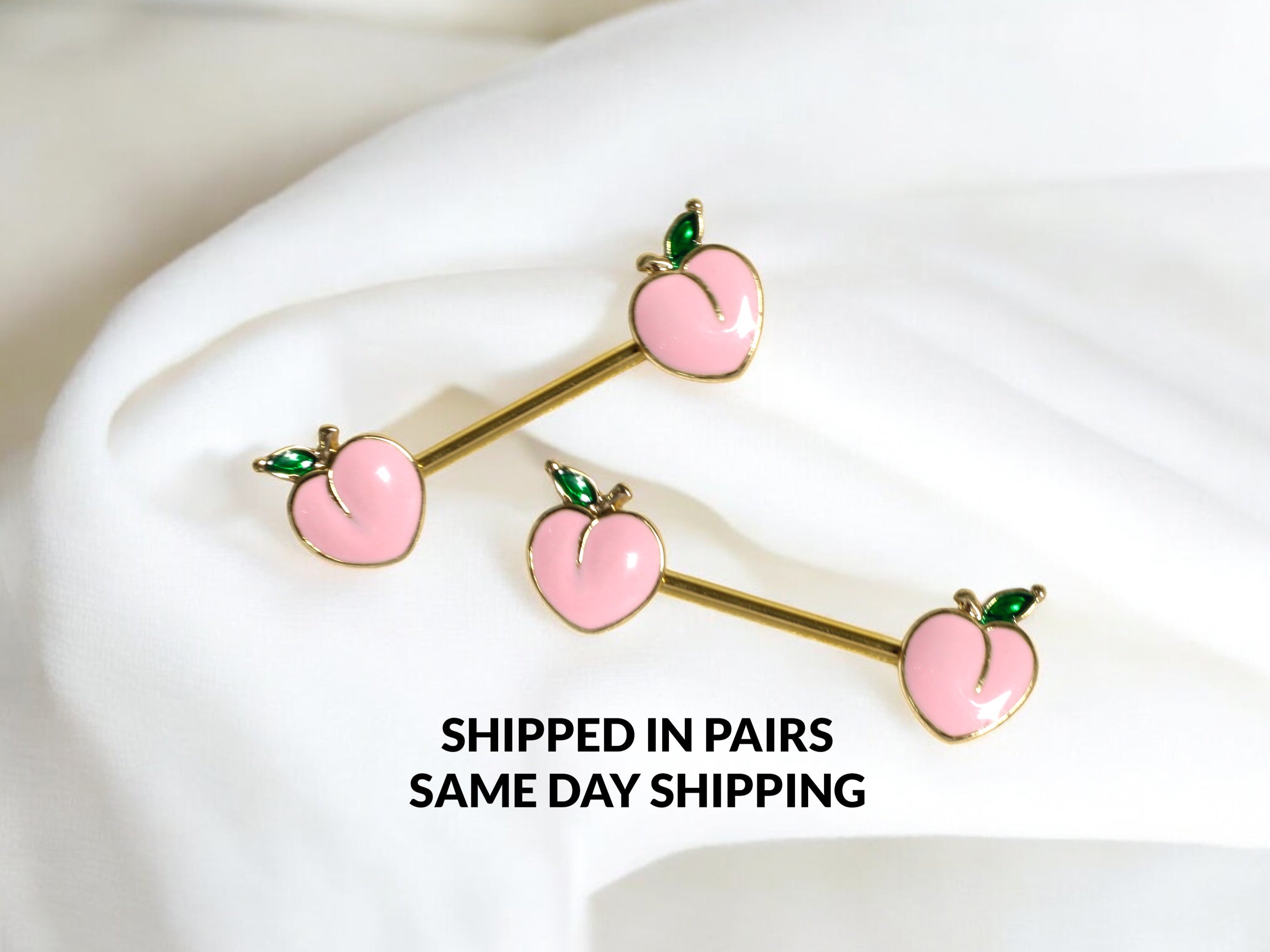 Pair of 14G Gold Pink Enamel Peach Ends Nipple Barbell