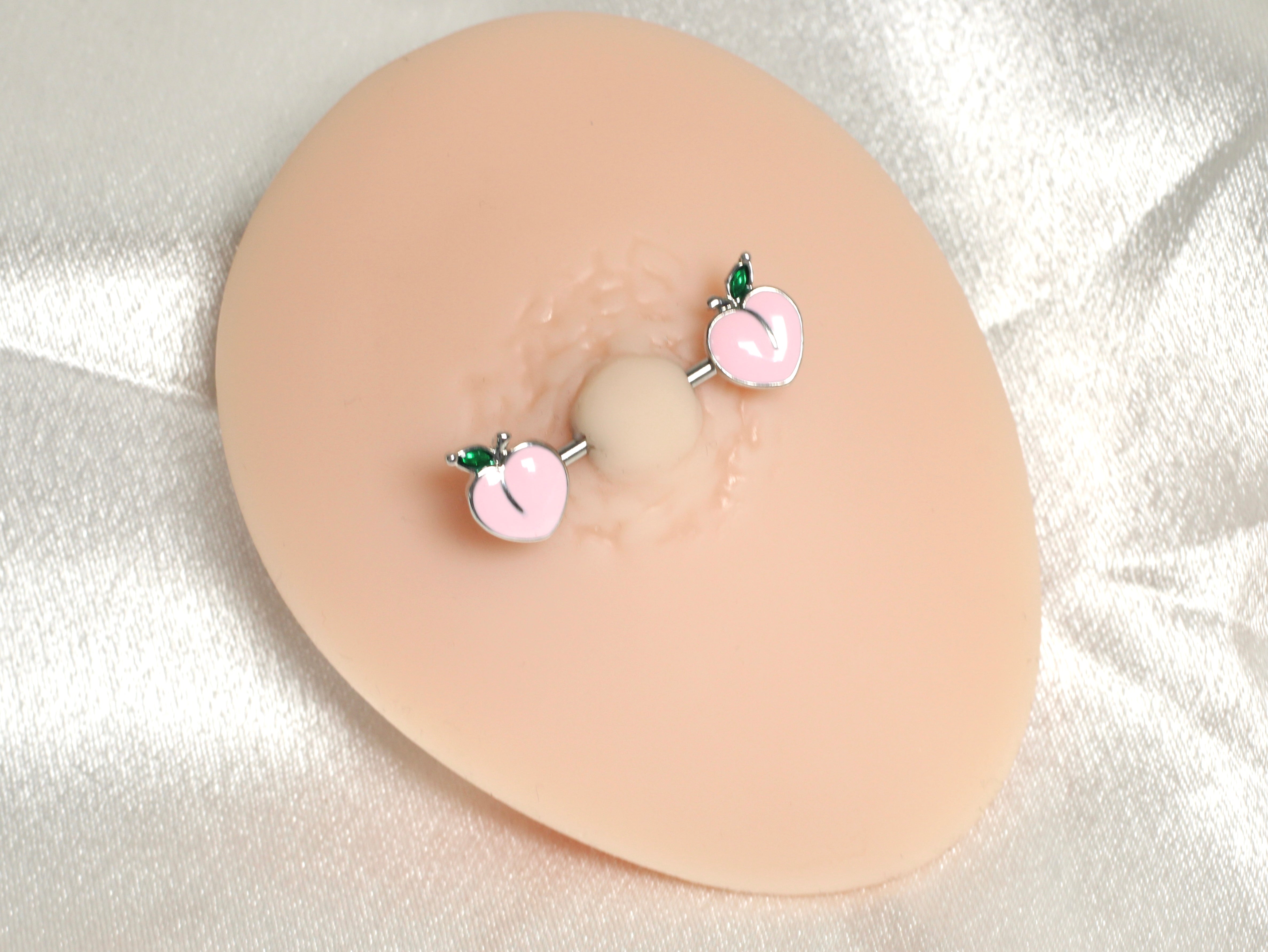 Pair of 14G Silver Pink Enamel Peach Ends Nipple Barbell