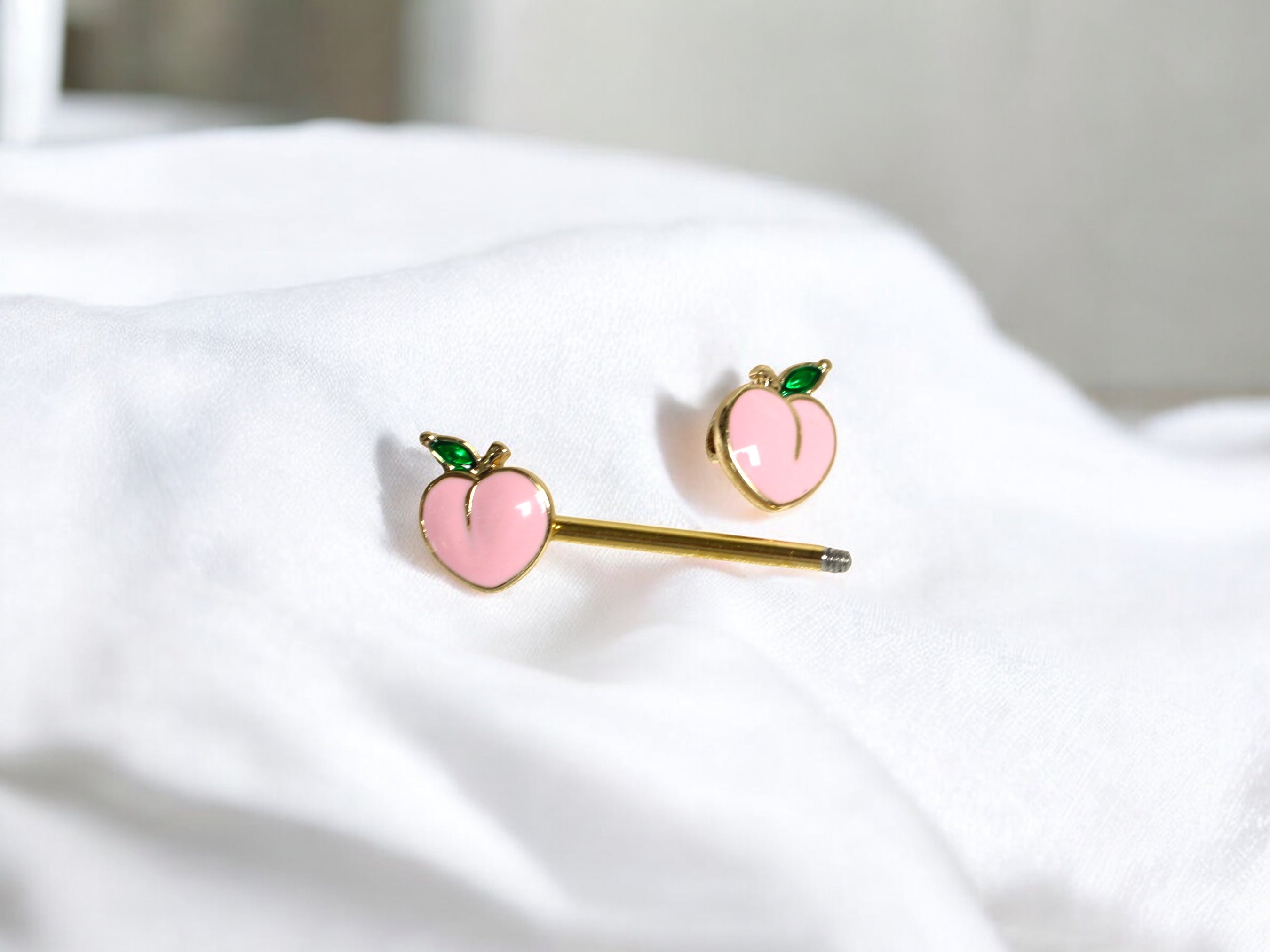 Pair of 14G Gold Pink Enamel Peach Ends Nipple Barbell