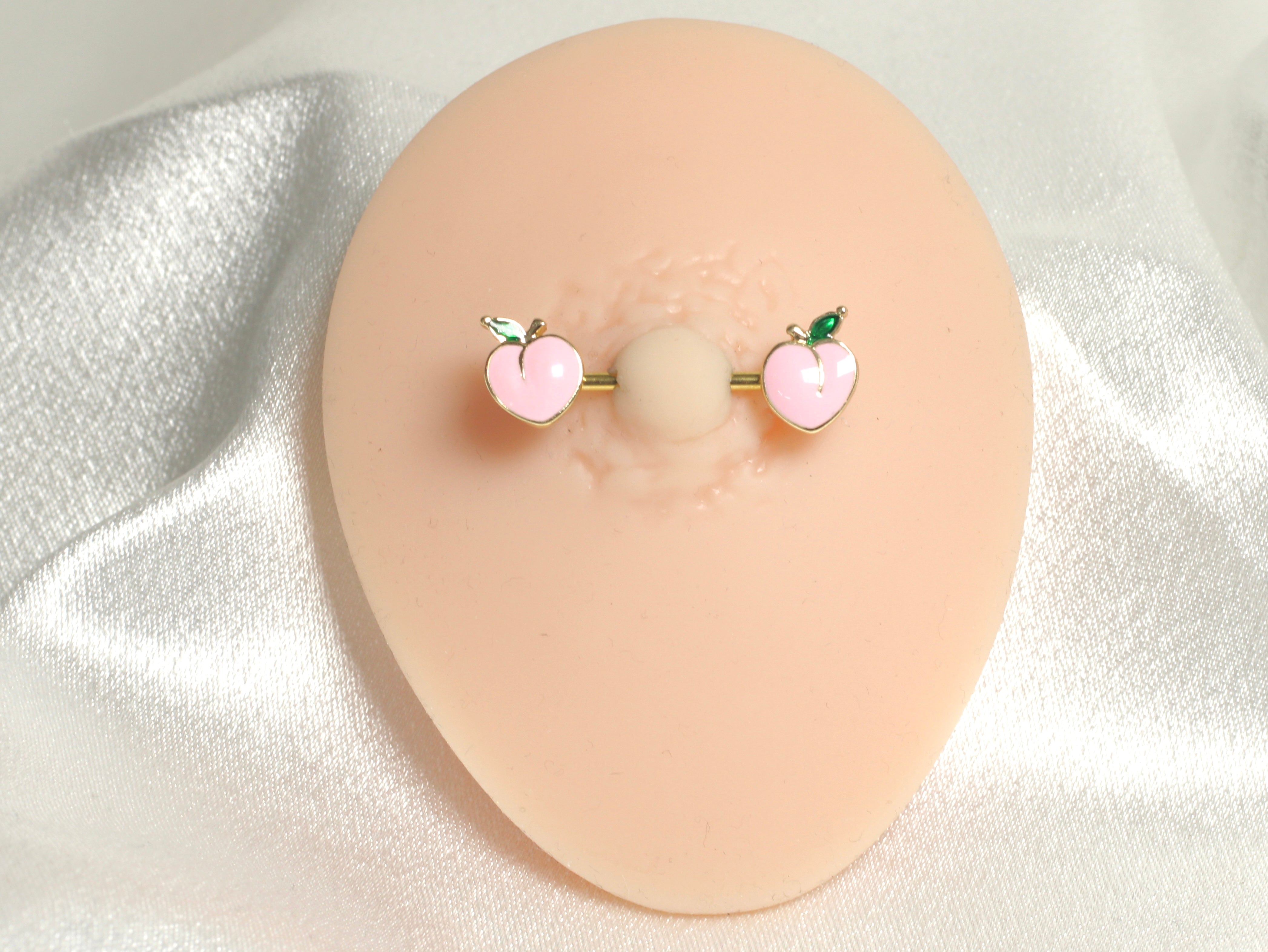Pair of 14G Gold Pink Enamel Peach Ends Nipple Barbell