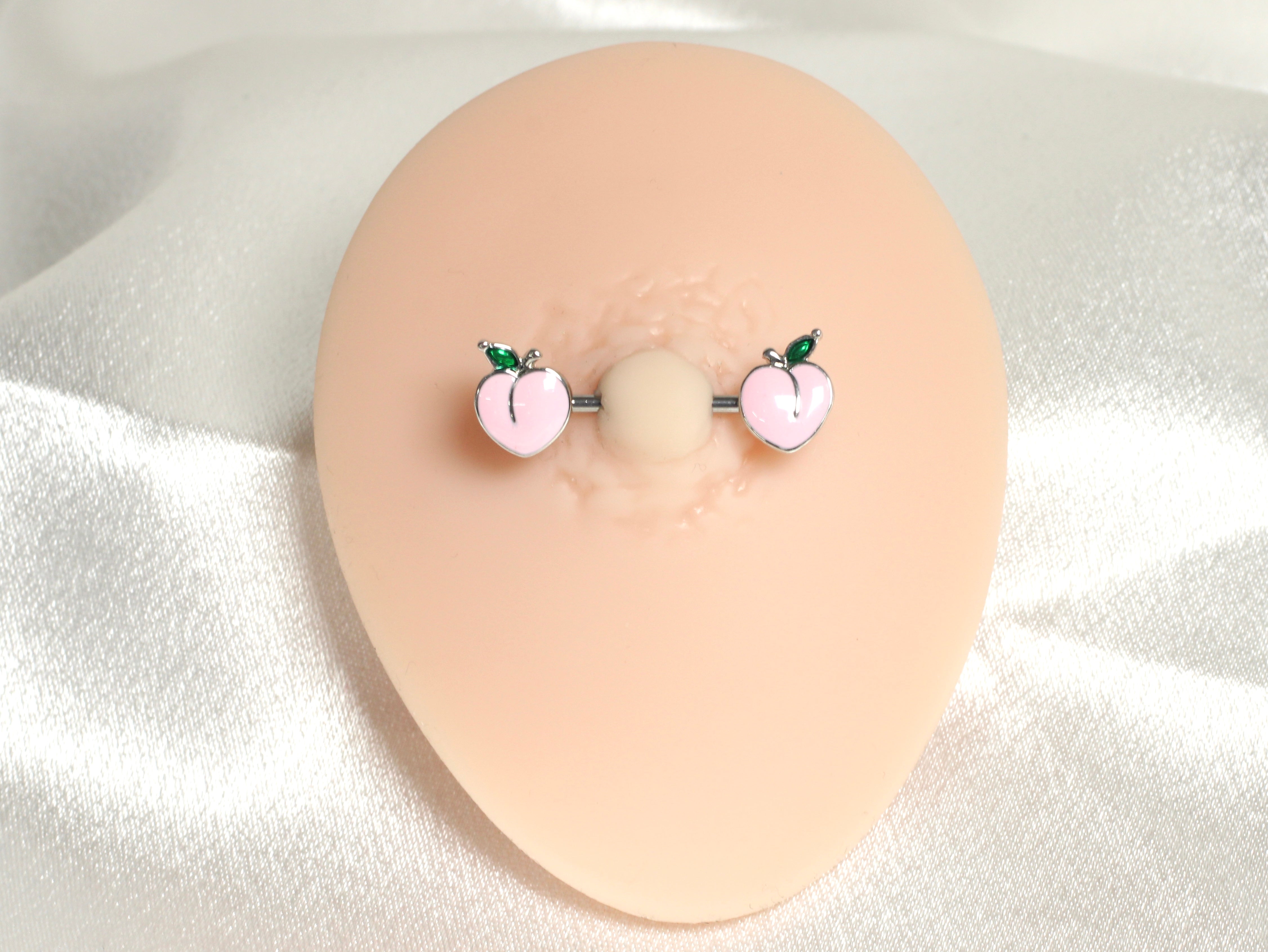 Pair of 14G Silver Pink Enamel Peach Ends Nipple Barbell