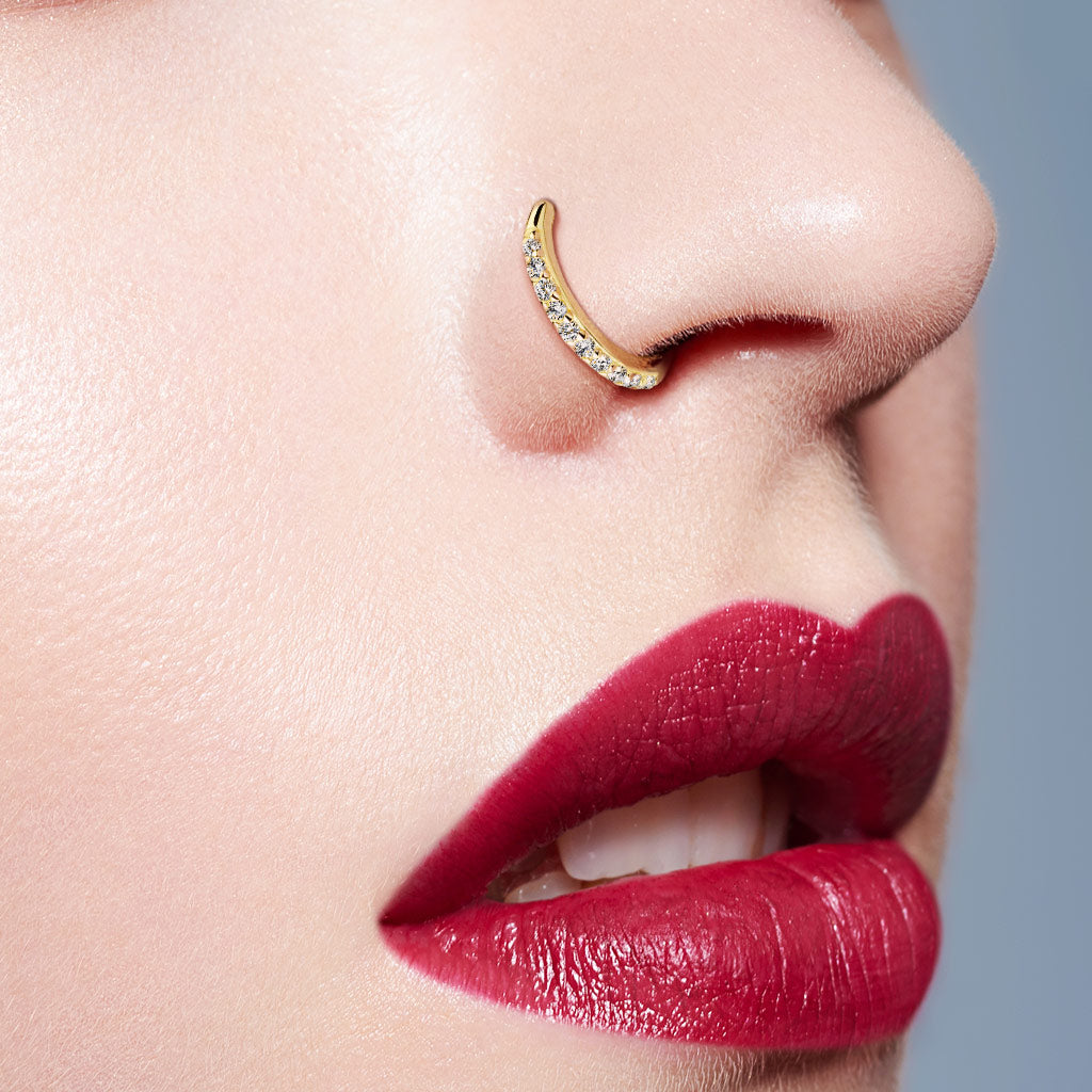 14K Real Gold Clear Gems Half Circle Bendable Nose Hoop. Cartilage Hoop. Eyebrow Piercing.
