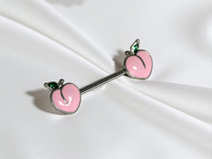 Pair of 14G Silver Pink Enamel Peach Ends Nipple Barbell